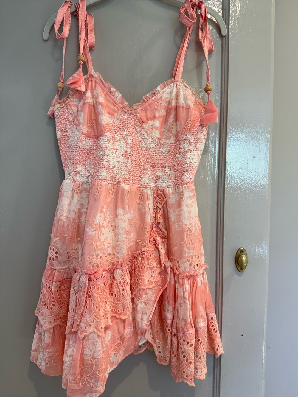 LOVESHACKFANCY Peachy Pink Ruffle smocked Mini Silk tie straps size small EUC